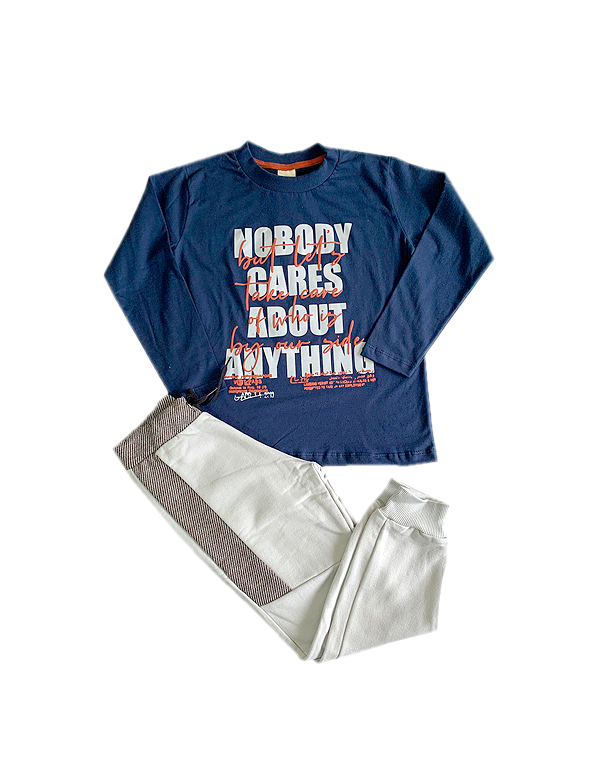 Conjunto calça felpada de moletom com punho e camiseta estampada infantil e juvenil marinho – Have Fun – Carambolina – 32666