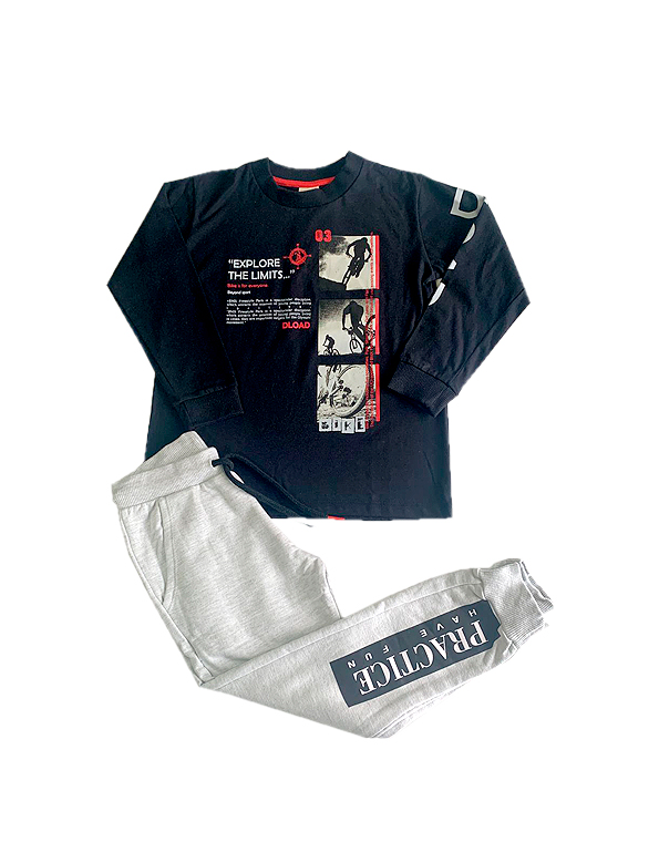 Conjunto calça felpada de moletom com punho e camiseta estampada infantil e juvenil preto – Have Fun – Carambolina -32667