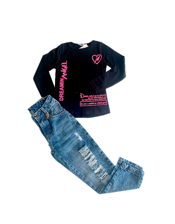 Conjunto calça jeans detroyed e camiseta com estampa neon infantil e juvenil feminino – Have Fun – Carambolina – 32634