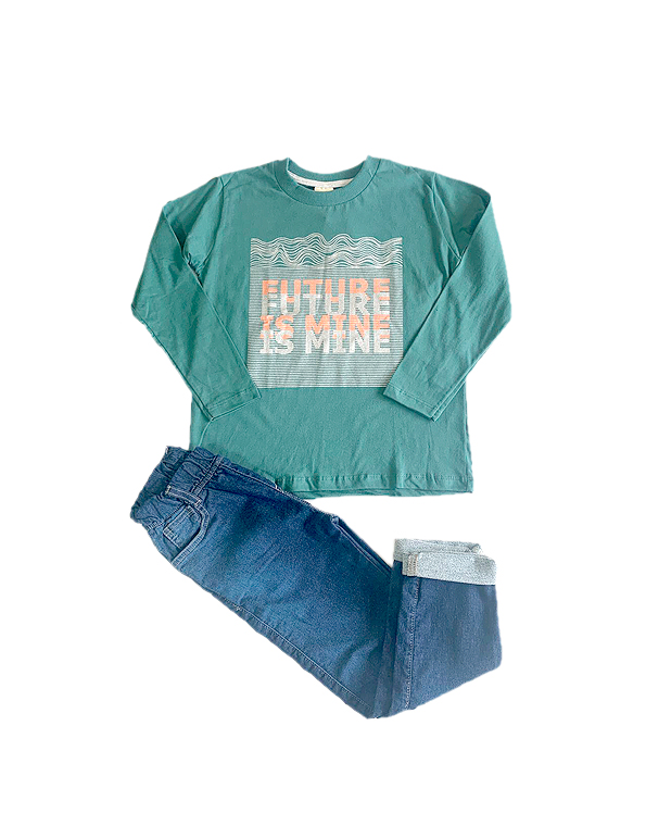 Conjunto calça jeans e camiseta com estampa infantil e juvenil masculino verde – Have Fun – Carambolina – 32660