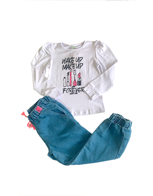 Conjunto calça jogger jeans e camiseta com aplicalçao de brilhos infantil e juvenil feminino – Have Fun – Carambolina – 32635