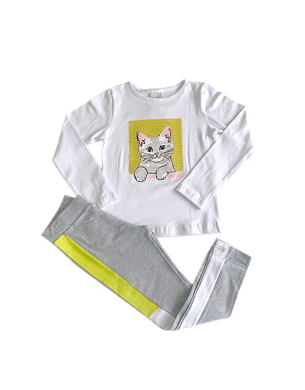 Conjunto calça legging cim listras e blusa com estampa e paetês infantil e juvenil feminino gato – Have Fun – Carambolina – 32636