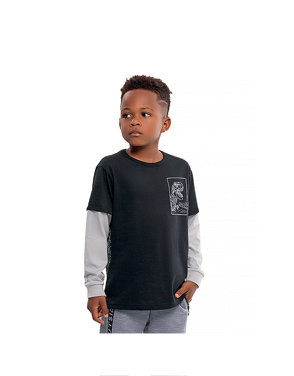 Camiseta-manga-longa-infantil-masculina-preta-dinossauro—Dila—Carambolina—32817-modelo
