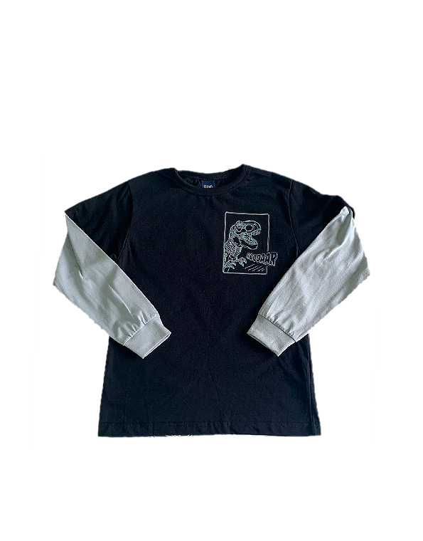 Camiseta-manga-longa-infantil-masculina-preta-dinossauro—Dila—Carambolina—32817