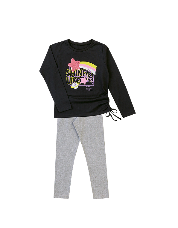 Conjunto calça legging e blusa com estampa e paetês infantil e juvenil feminino preto – Dila—Carambolina—32802
