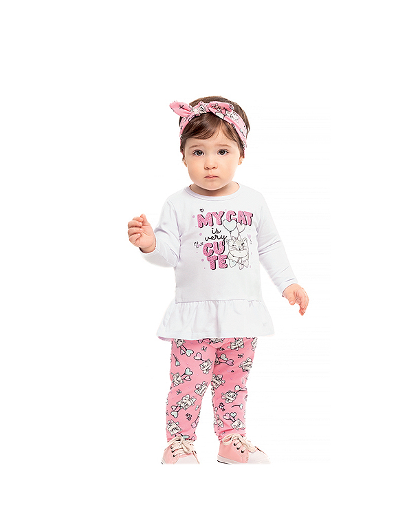 Conjunto calça legging e camiseta com brilhos e babados bebê e infantil feminino gato. Com faixa – Dila—Carambolina—32787-modelo