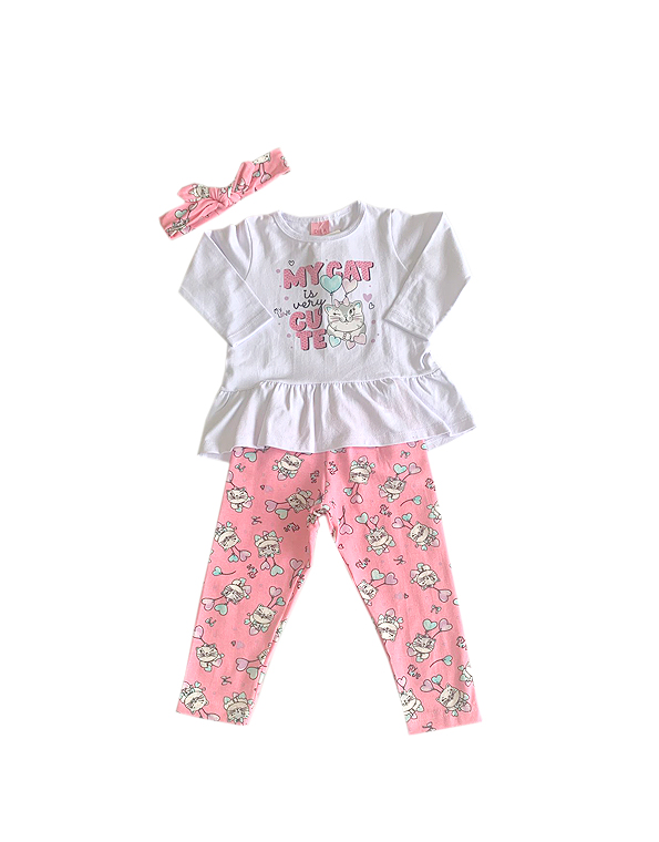 Conjunto calça legging e camiseta com brilhos e babados bebê e infantil feminino gato. Com faixa – Dila—Carambolina—32787