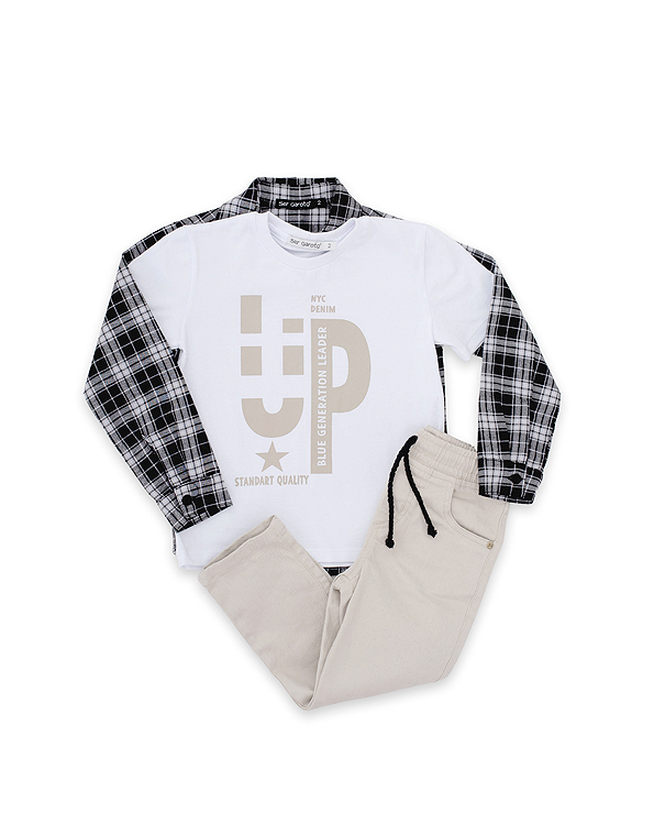 Conjunto-camisa-xadrez-e-camiseta-com-calça-em-sarja-peças-infantil-masculino—Ser-Garoto—Carambolina—32850
