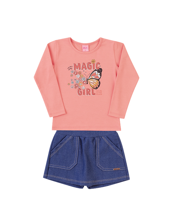 Conjunto short-saia e blusa com estampa e brilhos infantil feminino – Dila—Carambolina—32799-laranja