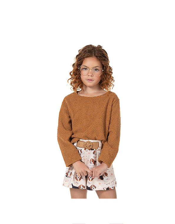 Conjunto de short com cinto e blusa peluciada infantil e juvenil feminino cachorrinho – Bika—Carambolina—33122 modelo