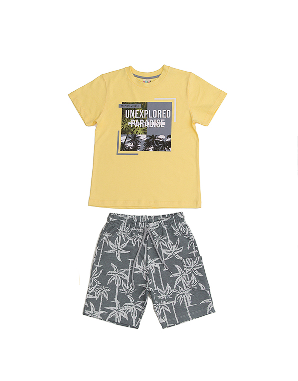 Conjunto-bermuda-de-moletom-estampada-e-camiseta-infantil-e-juvenil-masculino-amarelo—Have-Fun—Carambolina—33391
