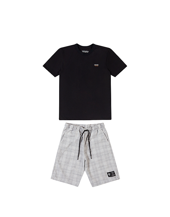 Conjunto-bermuda-de-sarja-xadrez-e-camiseta-preta–juvenil-masculino –Onda-Marinha—Carambolina—33439