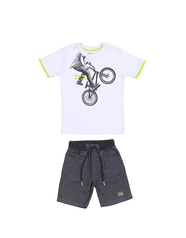 Conjunto-bermuda-sustentável-e-camiseta-com-estampa-infantil-masculino-branco—Have-Fun—Carambolina—33393