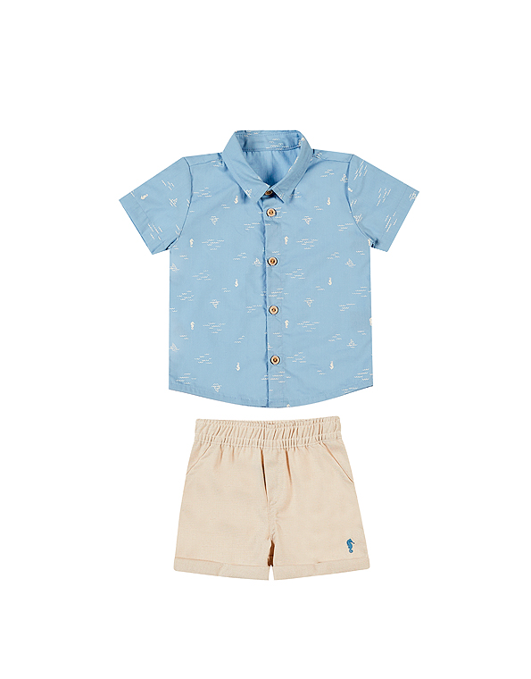 Conjunto-camisa-estampada-e-bermuda-com-toque-de-linho-infantil-masculino-azul—Onda-Marinha—Carambolina—33435