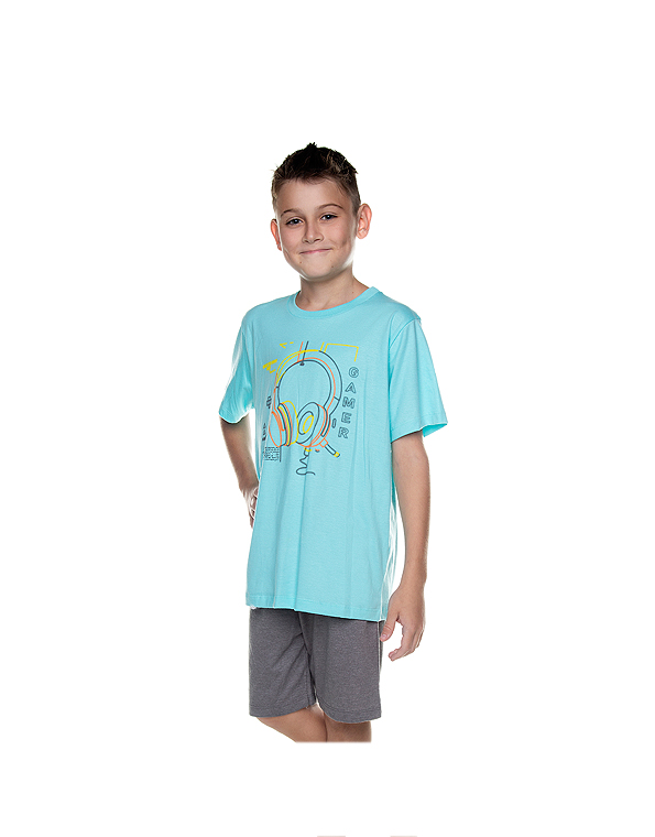 Pijama-curto-com-camiseta-estampada-e-bermuda-lisa-infantil-e-juvenil-masculino-head-fone—Have-Fun—Carambolina—33401-aqua-modelo