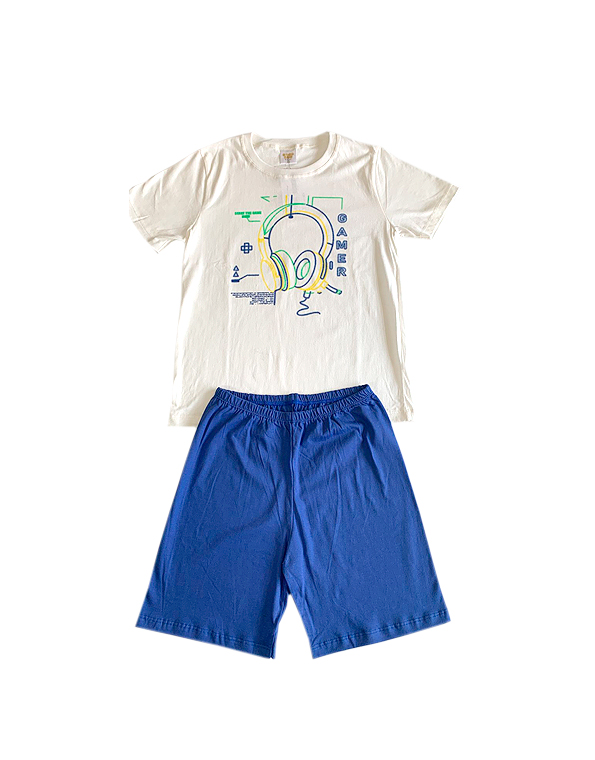 Pijama-curto-com-camiseta-estampada-e-bermuda-lisa-infantil-e-juvenil-masculino-head-fone—Have-Fun—Carambolina—33401-off-white