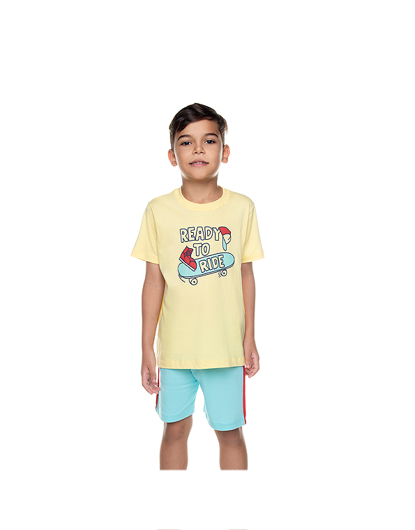 Pijama-curto-com-camiseta-estampada-e-bermuda-lisa-infantil-masculino –Have-Fun—Carambolina—33399-modelo