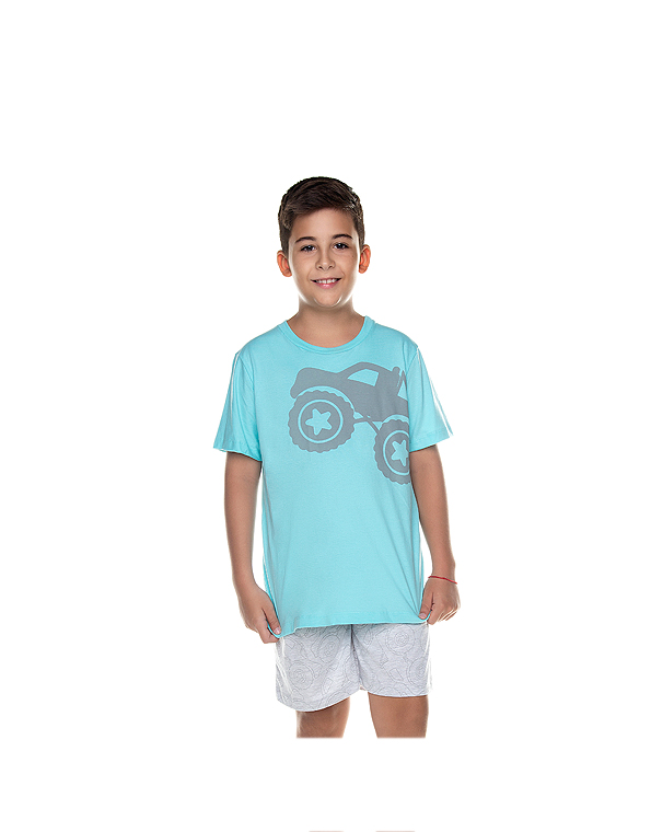 Pijama-curto-de-camiseta-e-bermuda-estampados-infantil-e-juvenil-masculino-verde—Have-Fun—Carambolina—33402-modelo