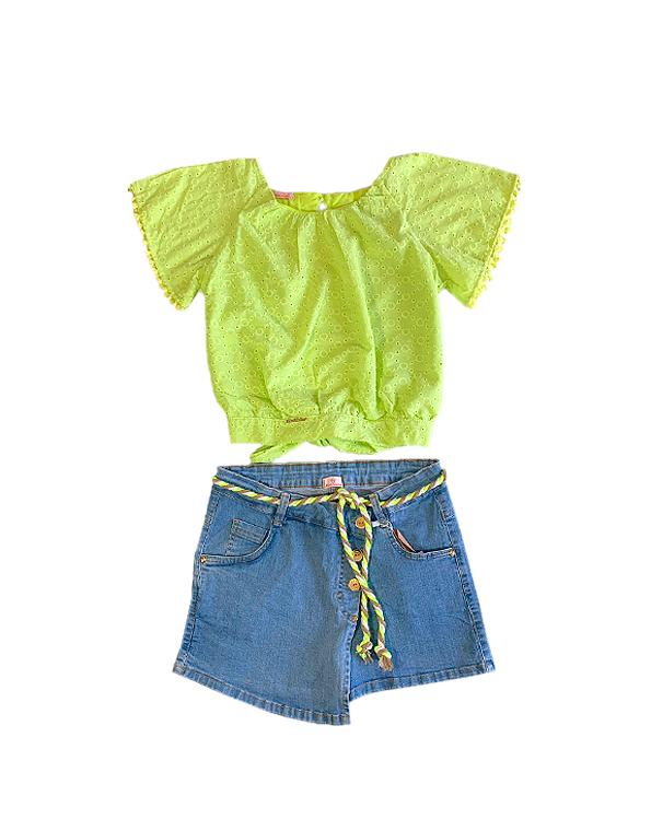 Conjunto-de-short-saia-jeans-e-bata-laise-com-pompons-infantil-feminino-verde—Linna-Valentinna—Carambolina—33320