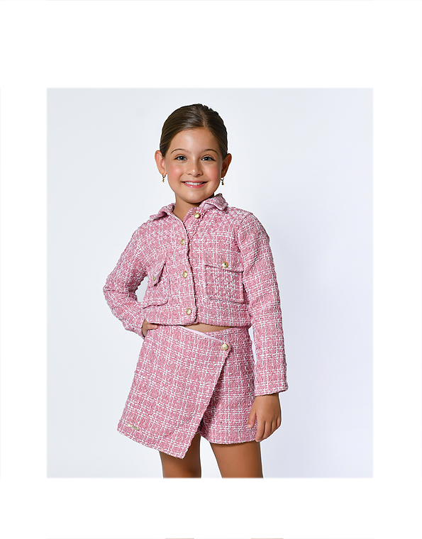 Conjunto-de-saia-short-e-casaco-em-tweed-infantil-e-juvenil-feminino-rose—Linna-Valentinna—Carambolina—33863-modelo