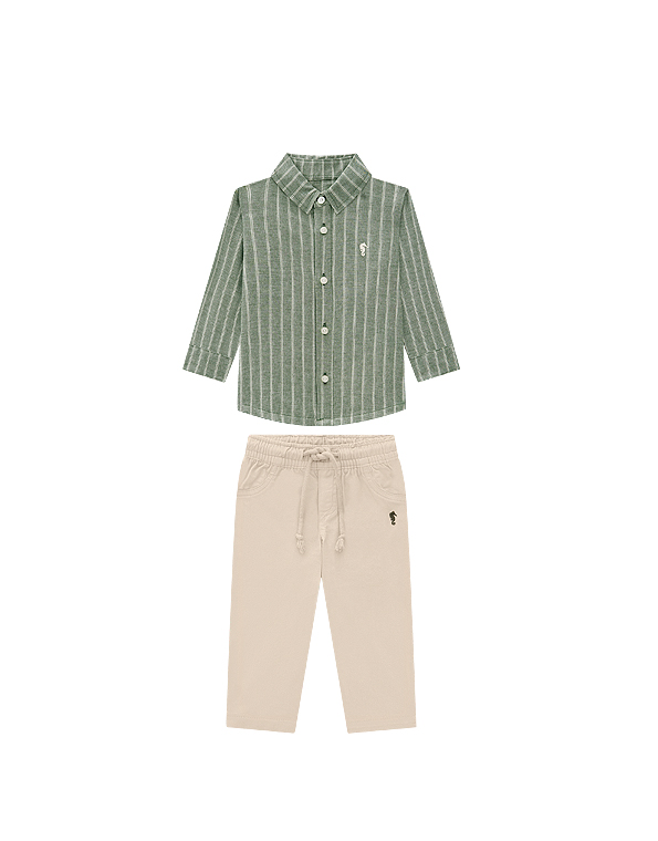 Conjunto-camisa-listrada-manga-longa-e-calça-sarja-infantil-masculino-verde—Onda-Marinha—Carambolina—33949