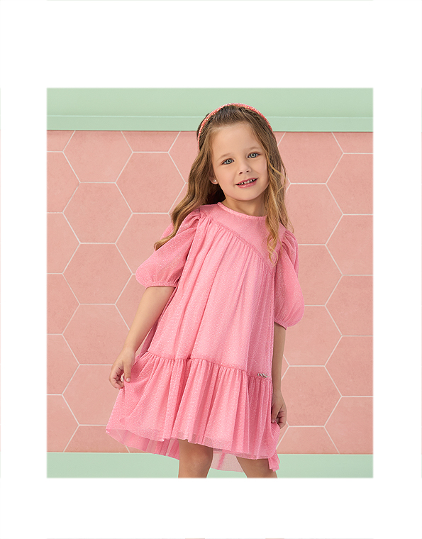 Vestido-em-tule-brilhante-com-mangas-bufantes-rosa-infantil—Mon-Sucré—Carambolina—33889 modelo