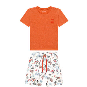 Conjunto-bermuda-de-microfibra-estampada-e-camiseta-lisa-infantil-masculino-laranja—Onda-Marinha—Carambolina—34439